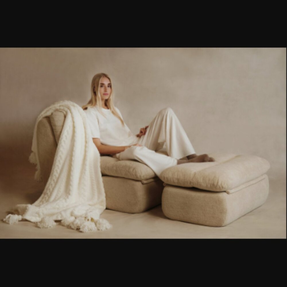 NWT Sunday Citizen Braided Pom Pom Throw Blanket Shade Off White Retail $180.00